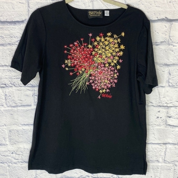 Bob Mackie Tops - Bob Mackie Wearable Art black tee floral embroidery small